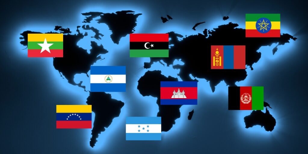 países que cuentan con una débil o nula  legislación con relación a estos temas como lo son, por ejemplo, Afganistán, Birmania, Namibia, Libia, Honduras, Camboya, Mongolia, Etiopía, Venezuela y Nicaragua. 
